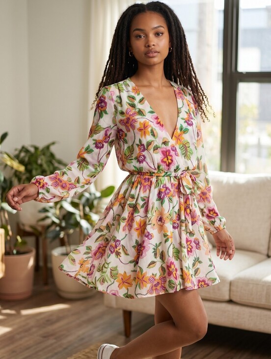 Misa Los Angeles Dresses & Skirts - Misa Los Angeles White Floral Faux Wrap Mini Dress with Pink and Yellow Blooms